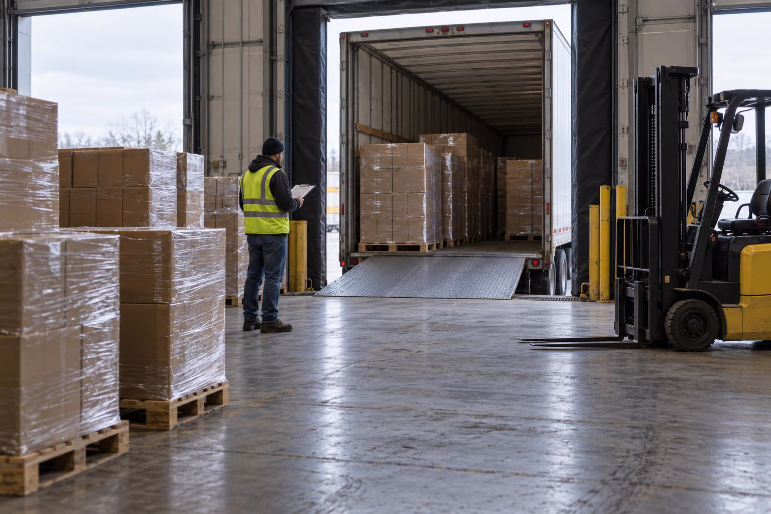 Un rimorchio accostato alla banchina di un centro di distribuzione, pallet avvolti nel film davanti