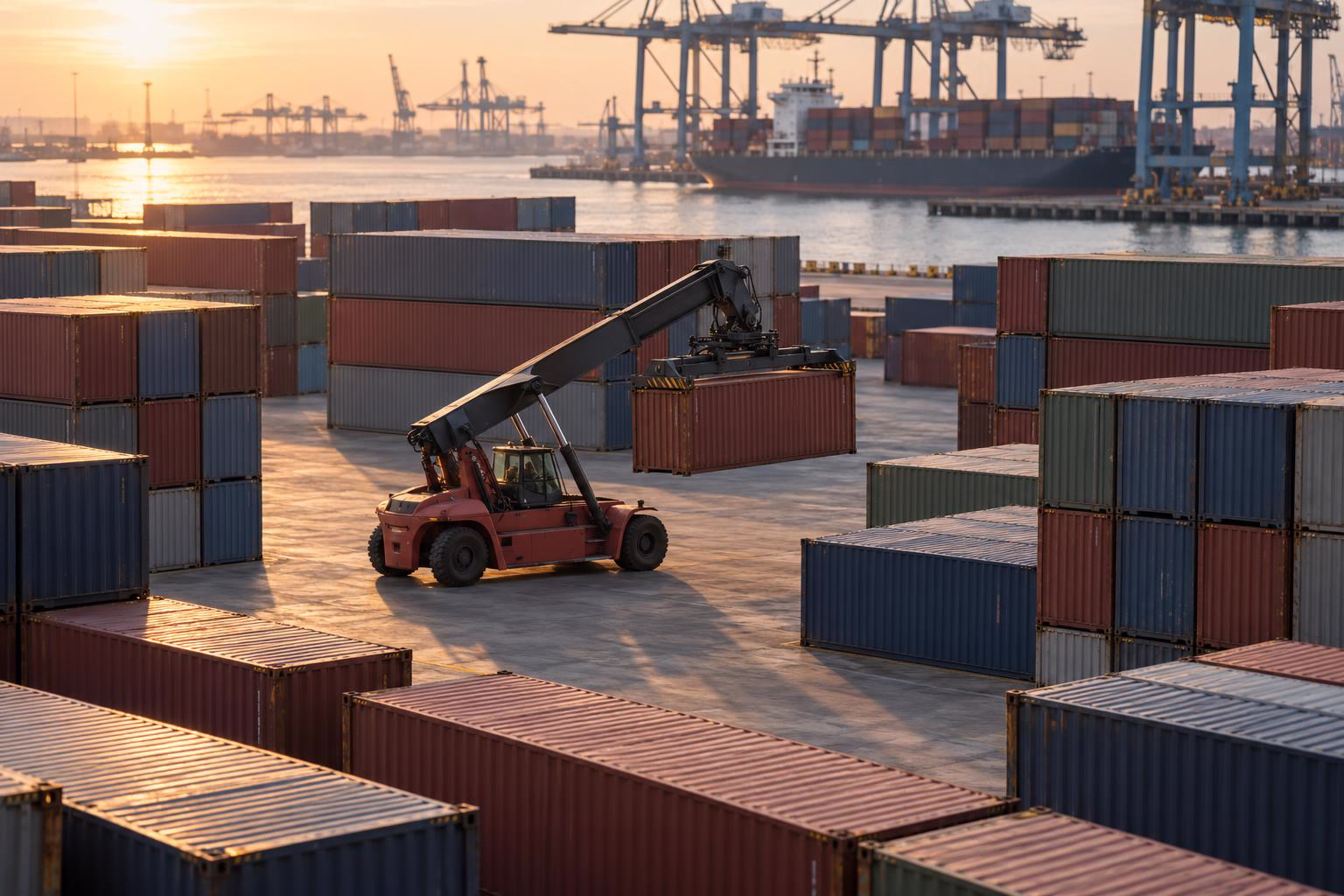 Container impilati in terminal, un reach stacker ne sposta uno